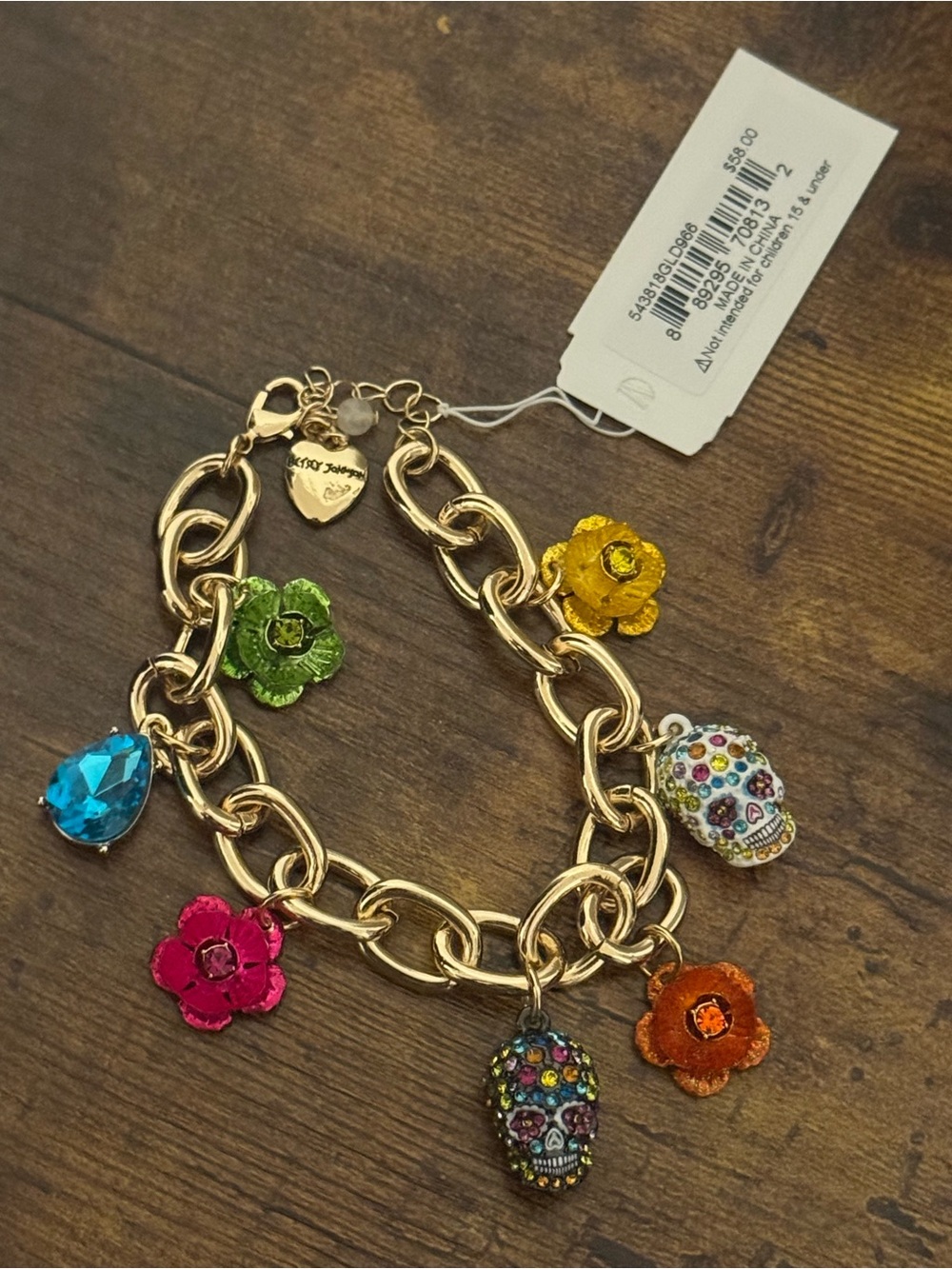 Betsey Johnson Gold Chain Charm Bracelet with Multicolor Flower & Skull Charms